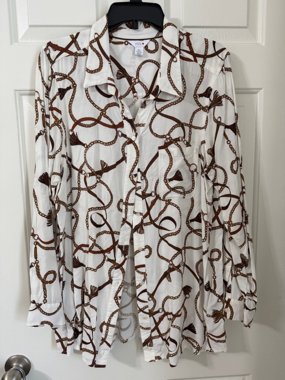 Intro Long Sleeve Button Up White Top with Equestrian Rope Print